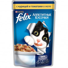Паучи Felix Аппетитные кусочки для взрослых кошек с курицей и томатами в желе - 85 г