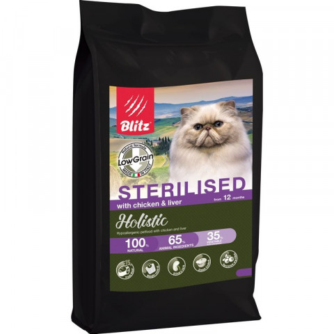 Blitz Holistic Sterilised низкозерновой корм для стерилизованных кошек с курицей и печенью - 5 кг