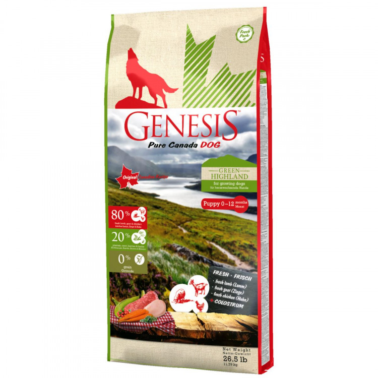 Genesis Pure Canada Green Highland Puppy для щенков, юниоров, беременных и кормящих взрослых собак всех пород с курицей, козой и ягненком - 11.79 кг