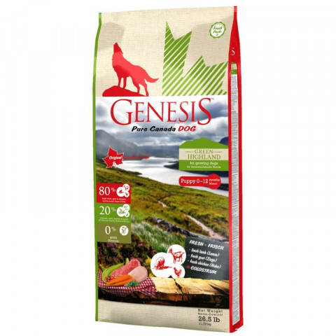 Genesis Pure Canada Green Highland Puppy для щенков, юниоров, беременных и кормящих взрослых собак всех пород с курицей, козой и ягненком - 11.79 кг