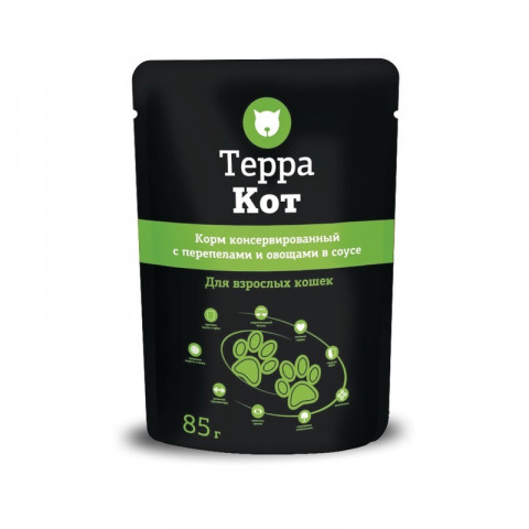 Терра Кот влажный корм для взрослых кошек всех пород с перепелками и овощами в соусе - 85 г