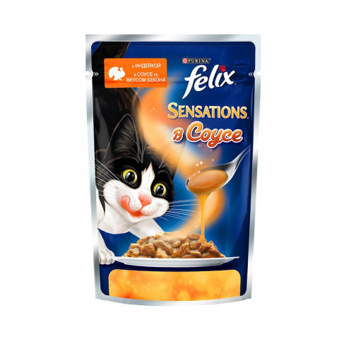 Паучи Felix Sensations для взрослых кошек с индейкой и беконом в соусе - 85 г