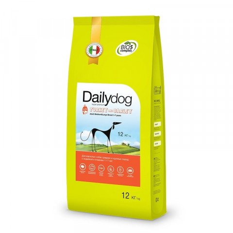 Сухой корм Dailydog Adult Medium and Large Breed turkey and barly для взрослых собак средних и крупных пород с индейкой и ячменем 12 кг