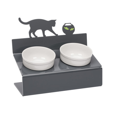 Миска для животных Artmiska "Кот и рыбы" двойная на подставке серая 2 шт x 350 мл