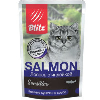 Blitz Sensitive влажный корм для кошек, кусочки в соусе с лососем и индейкой - 85 г