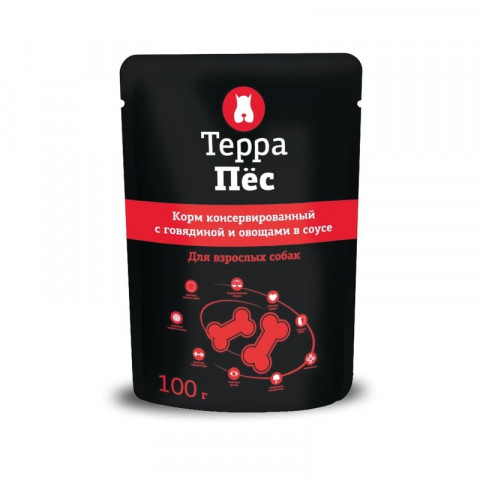 Терра Пёс влажный корм для взрослых собак всех пород с говядиной и овощами в соусе - 100 г