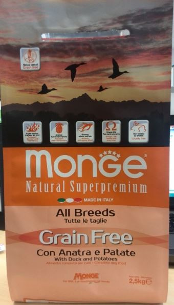 Monge Dog Grain Free беззерновой корм для собак всех пород утка с картофелем 2,5 кг