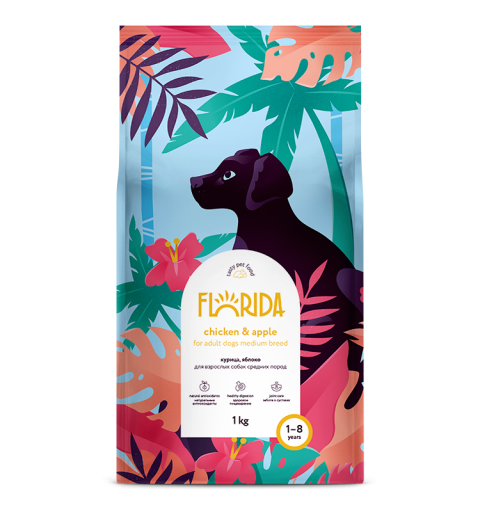 Florida сухой корм для взрослых собак средних пород с курицей и яблоком 3 кг