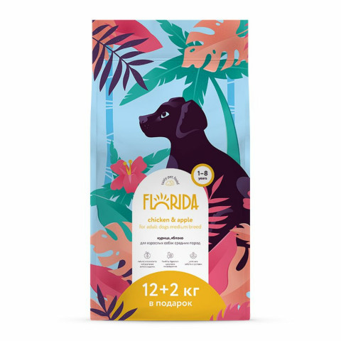 Florida сухой корм для взрослых собак средних пород с курицей и яблоком 14 кг
