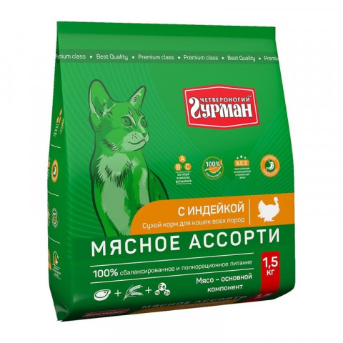 Сухой корм Четвероногий гурман Мясное ассорти для кошек с индейкой 400 г