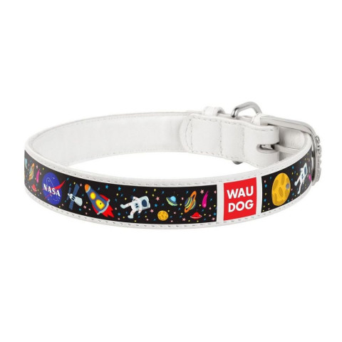 Waudog Printe ошейник с рисунком \"NASA\" из премиум кожи с металлической пряжкой, белый, d В=35 мм, L=44-58 см
