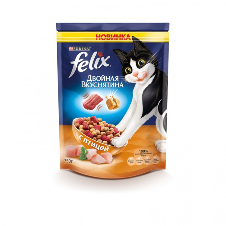 Сухой корм Felix Двойная вкуснятина для взрослых кошек с птицей 750 г