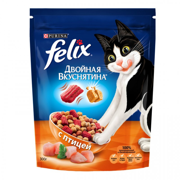 Сухой корм Felix Двойная вкуснятина для взрослых кошек с птицей 300 г
