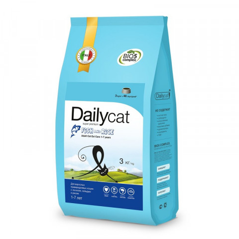 Cухой корм Dailycat Adult Exi Care Fish and Rice для взрослых привередливых кошек с сельдью, лососем и рисом 3 кг