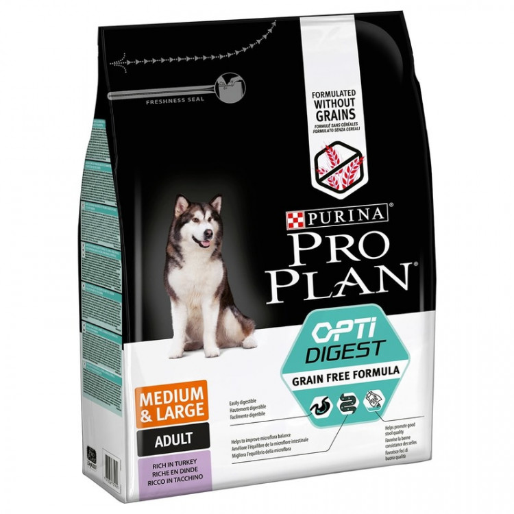 Сухой беззерновой корм Purina Pro Plan Optidigest Grain Free для взрослых собак средних и крупных пород с чувствительным пищеварением с индейкой - 2,5 кг