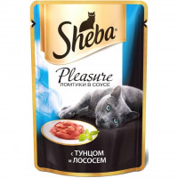 Sheba паучи в форме ломтиков тунца и лосося в соусе для взрослых кошек - 85 г