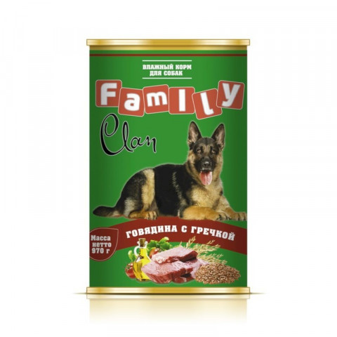 Clan Family влажный корм для собак говядина с гречкой в консервах - 970 г
