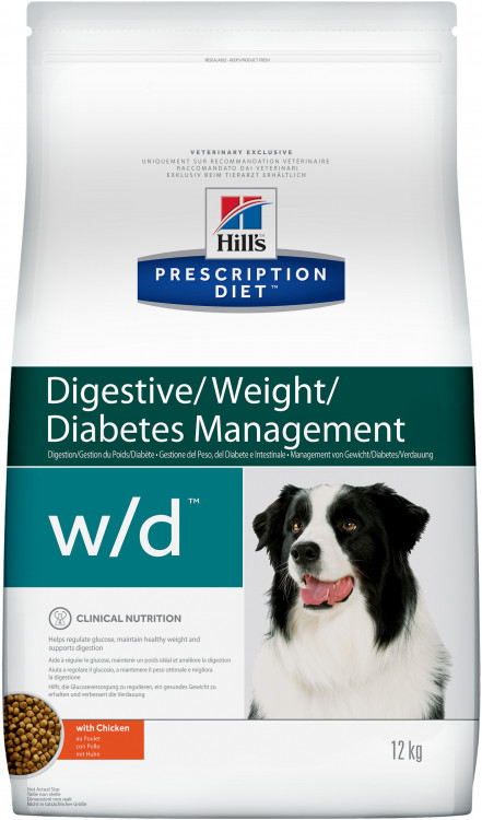 Hill's Prescription Diet w/d Digestive/Weight Management сухой диетический корм для собак для поддержания оптимального веса при сахарном диабете с курицей - 12 кг