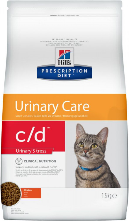 Hill's Prescription Diet c/d Urinary Stress сухой диетический корм для кошек для поддержания здоровья мочевыводящих путей и при стрессе одновременно с курицей - 1.5 кг