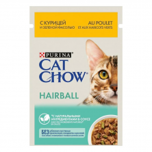 Влажный корм Purina Cat Chow Hairball для взрослых кошек для выведения шерсти из желудка с курицей и зеленой фасолью в соусе в паучах - 85 г