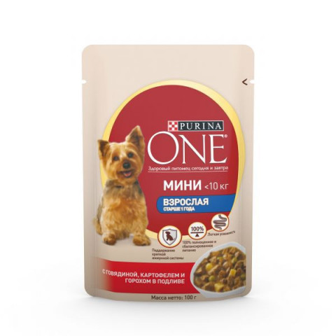 Purina One Mini Актив Говядина Картофель Горох паучи для собак 26шт x 85г.