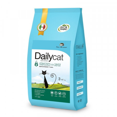 Сухой корм Dailycat Adult Hairball Chicken and Rice для взрослых кошек для вывода шерсти из желудка с курицей и рисом 3 кг