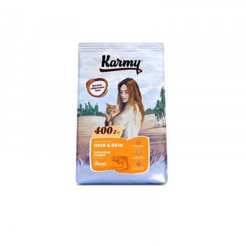 Сухой корм Karmy Hair & Skin для взрослых кошек для здоровья кожи и шерсти c лососем 400 г