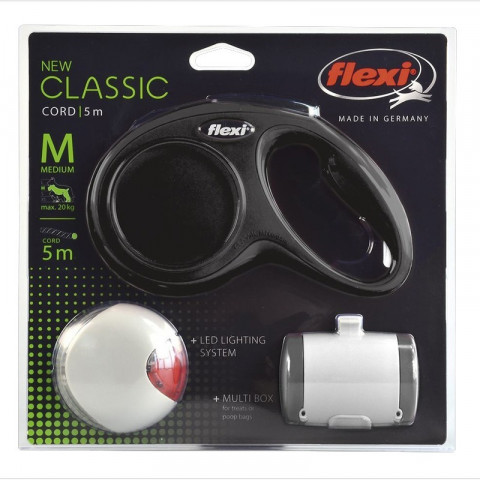 Flexi набор (рулетка NEW Classic М (до 20 кг) трос 5 м + LED фонарик + Multi-box) черный