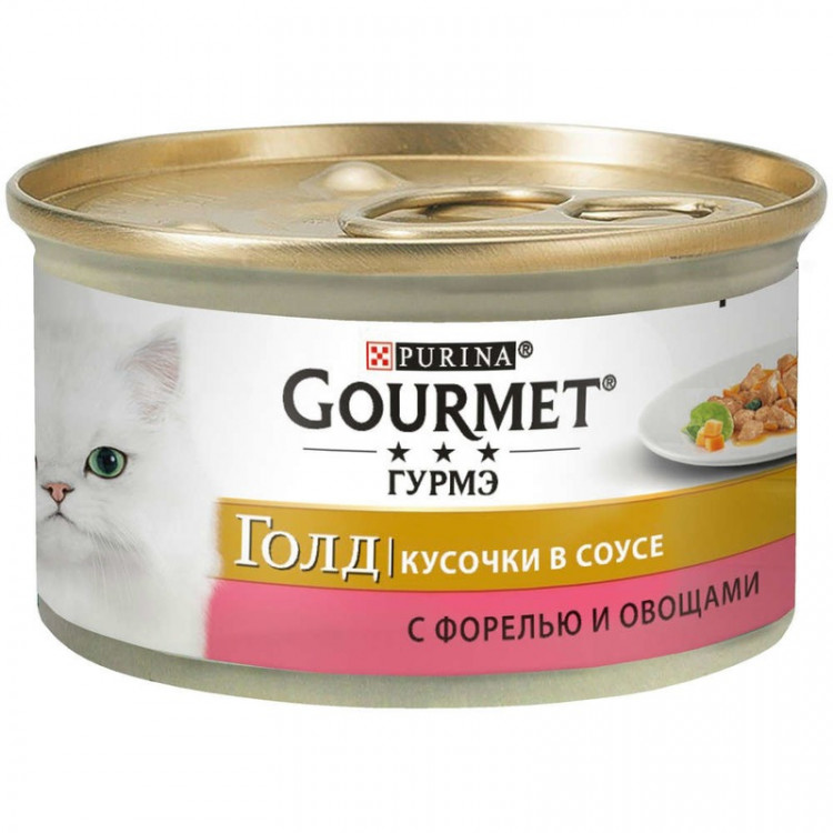 Консервы Gourmet Gold для взрослых кошек кусочки в соусе с форелью и овощами - 85 г