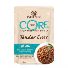 Влажный корм Wellness Core для кошек с нежными кусочками курицы и лосося в пикантном соусе в паучах - 85 г