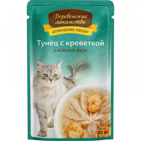 Деревенские лакомства влажный корм для кошек с тунцом и креветкой в желе - 70 г