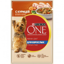 PURINA ONE МИНИ Актив 85 г пауч консервы для собак, с курицей, морковью и зеленой фасолью в подливе 1х26