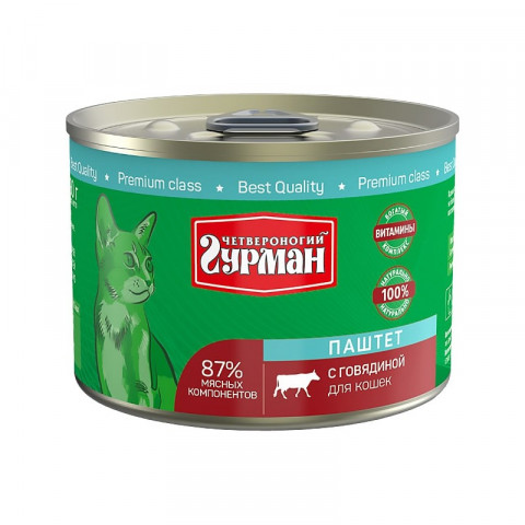 Влажный корм Четвероногий Гурман паштет для кошек с говядиной - 190 г