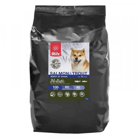 Сухой беззерновой корм Blitz Adult для взрослых собак с лососем и форелью - 12 кг