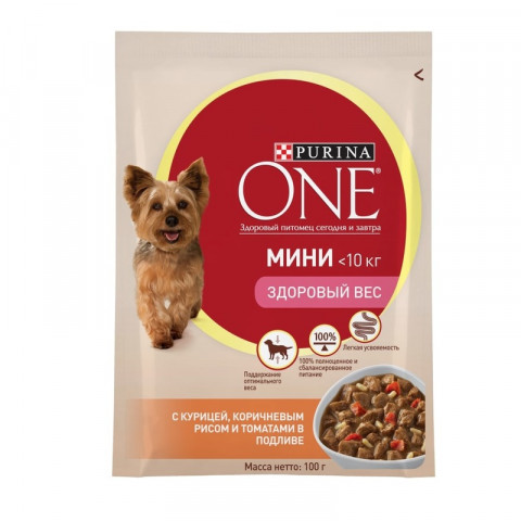 Влажный корм Purina ONE Мини Здоровый вес для взрослых собак мелких пород для поддержания оптимального веса с курицей, коричневым рисом и томатами в подливе - 100 г