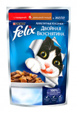 Паучи Felix Двойная вкуснятина для взрослых кошек аппетитные кусочки с говядиной и домашней птицей в желе - 85 г