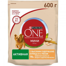 Purina One Mini Актив Курица (Сухой корм для активных собак мелких пород с высоким содержанием курицы и с рисом) 600г