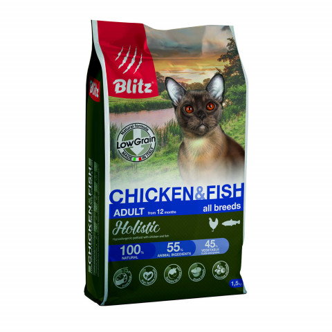 Blitz Holistic Cat Adult сухой низкозерновой корм для взрослых кошек с курицей и рыбой - 1,5 кг