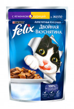 Паучи Felix Двойная вкуснятина для взрослых кошек аппетитные кусочки с ягненком и курицей в желе - 85 г
