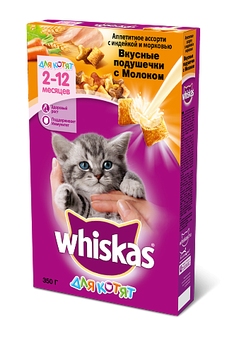 Whiskas сухой корм в форме вкусных подушечек с молоком, индейкой и морковью для котят от 2 до 12 месяцев - 350 гр