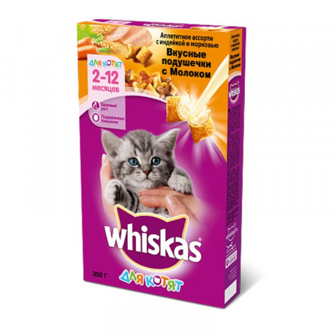 Whiskas сухой корм в форме вкусных подушечек с молоком, индейкой и морковью для котят от 2 до 12 месяцев - 350 гр