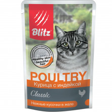 Blitz Cat Adult влажный корм для взрослых кошек с курицей и индейкой в желе в паучах - 85 г