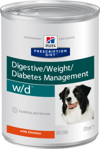 Влажный диетический корм для собак Hill's Prescription Diet w/d Digestive при поддержании веса и сахарном диабете, с курицей - 370 г