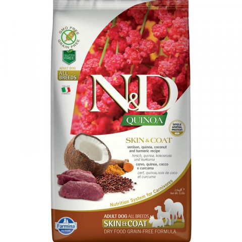 Farmina N&D Dog Grain Free quinoa skin & coat venison корм для собак здоровая кожа и шерсть с олениной и киноа 2,5 кг