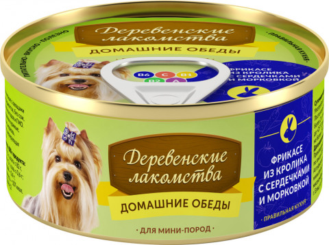 Консервы для мини пород Деревенские лакомства Фрикасе из кролика с сердечками и морковкой 100 г