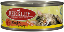 Berkley Adult Cat Duck & Turkey № 6 паштет для взрослых кошек с натуральным мясом утки и индейки, маслом лосося и ароматным бульоном - 100 г