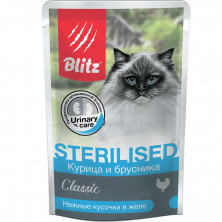 Blitz Cat Adult Sterilised влажный корм для стерилизованных кошек с курицей и брусникой в желе в паучах - 85 г