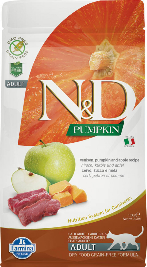 Farmina N&D Cat Grain Free pumpkin venison корм для взрослых кошек с олениной, тыквой и яблоком 1,5 кг