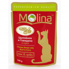 Влажный корм Molina для взрослых кошек с цыпленком и говядиной в соусе в паучах - 100 г