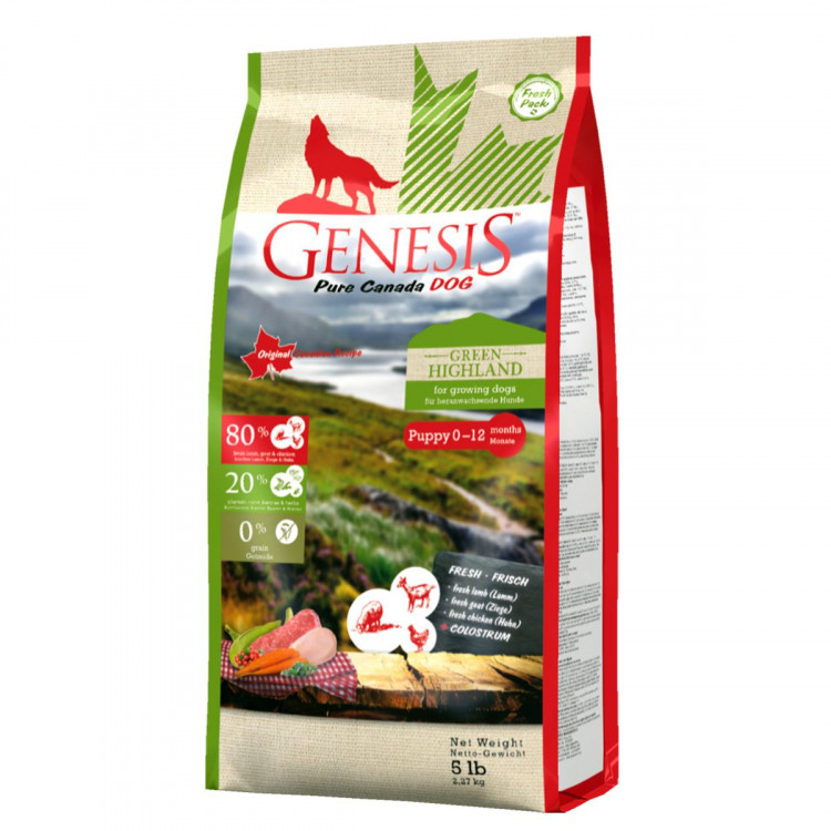 Genesis Pure Canada Green Highland Puppy для щенков, юниоров, беременных и кормящих взрослых собак всех пород с курицей, козой и ягненком - 2,268 кг